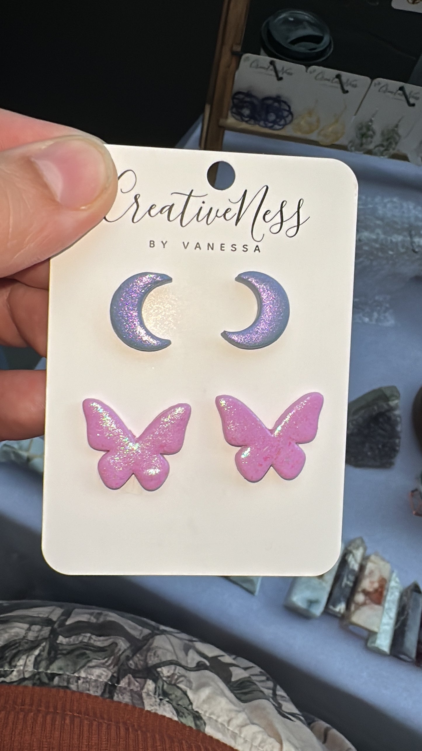 Purple and Pink Lotus, Moon, and Butterfly Stud Earrings