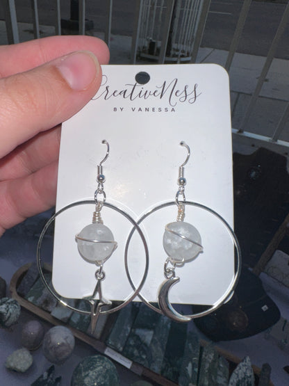 Silver Saturn and Celestial Charm Earrings