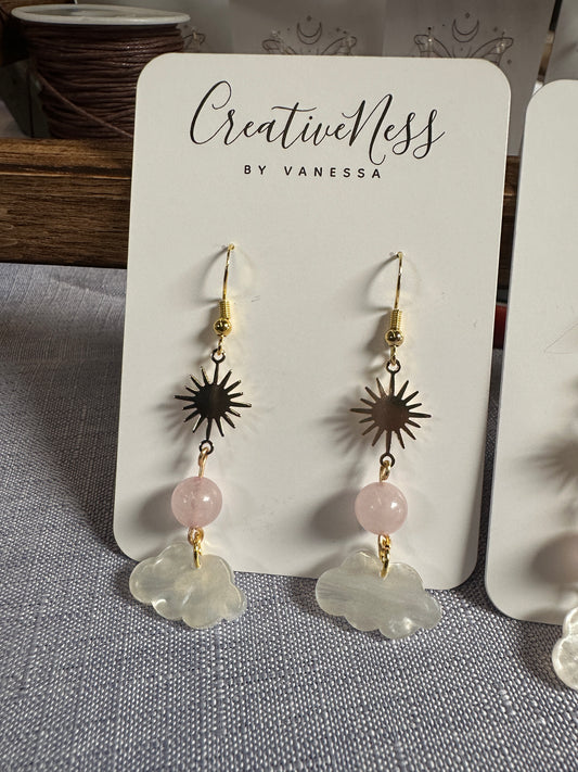 Gold Cloud Earrings - Rose Quartz