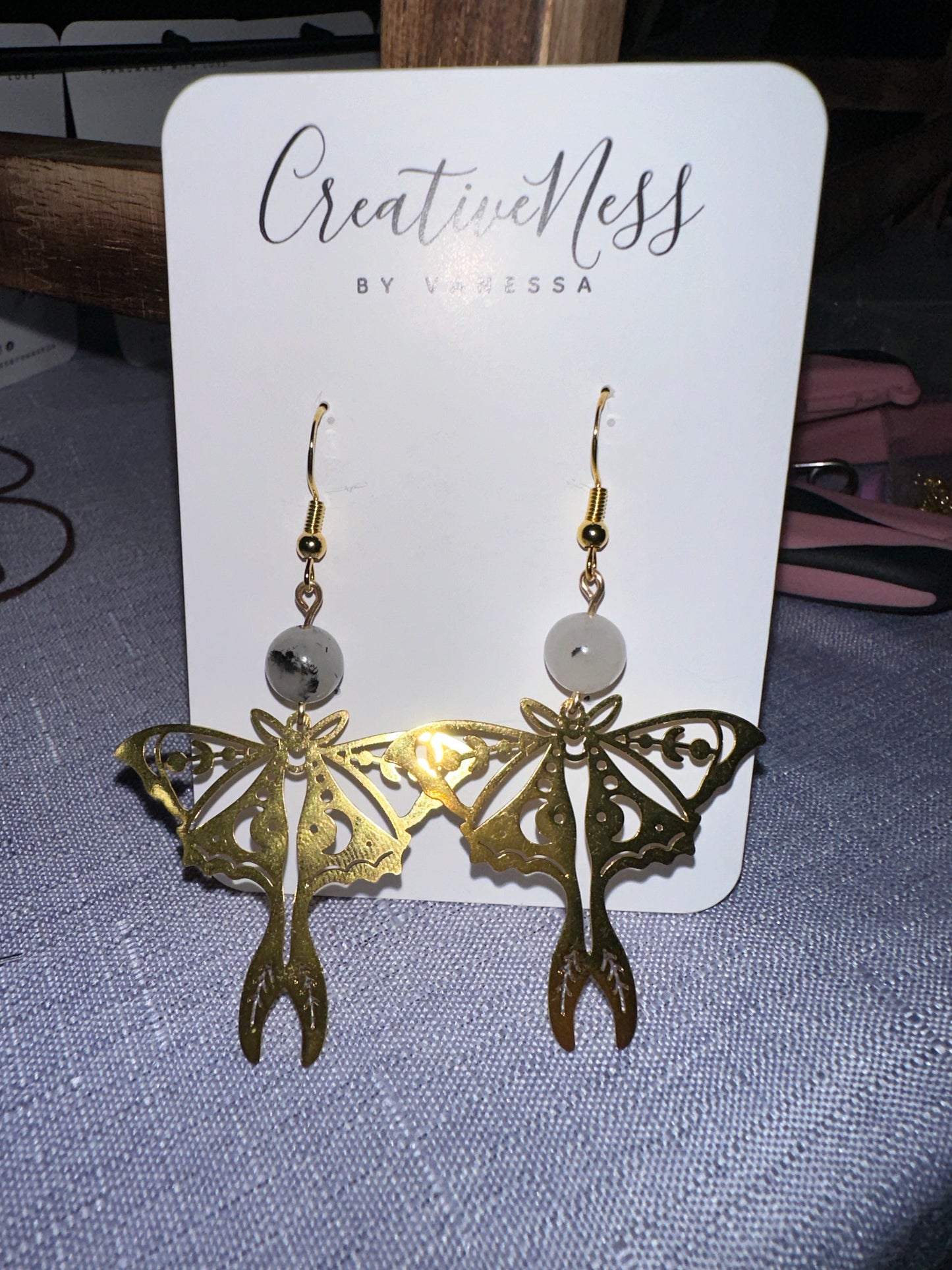 Gold Moth Earrings - Tourmalinated Quartz