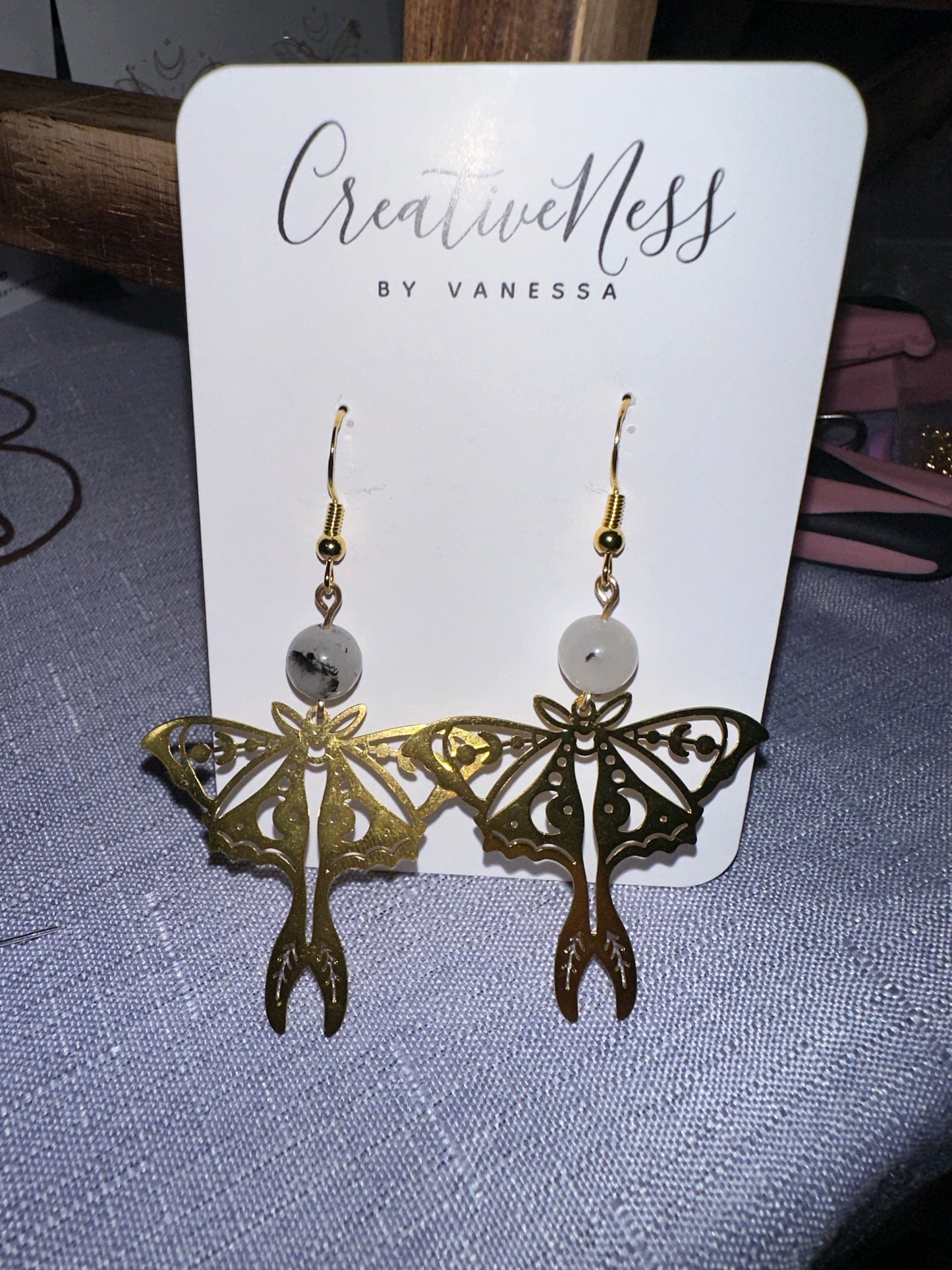 Gold Moth Earrings - Tourmalinated Quartz