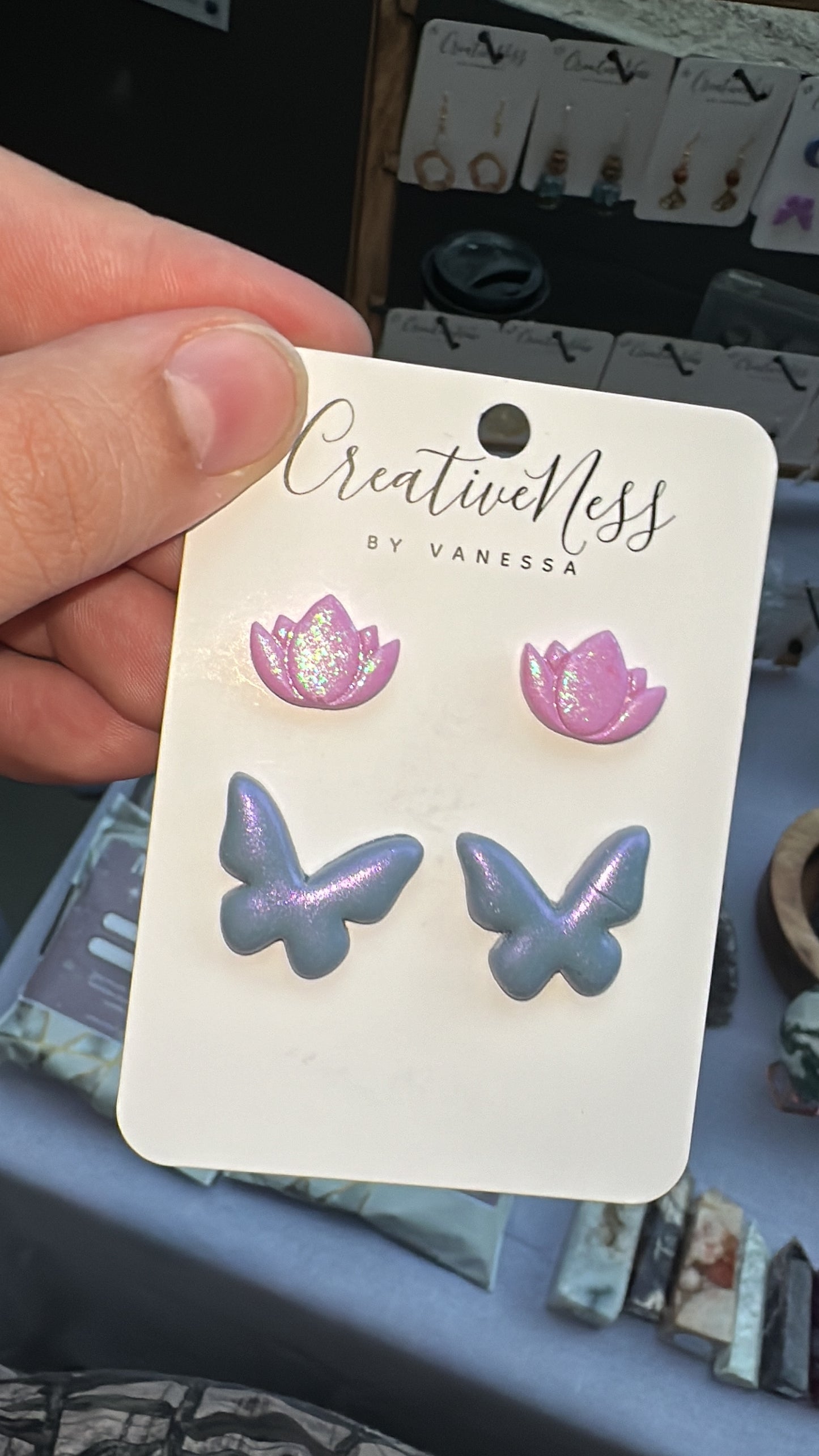 Purple and Pink Lotus, Moon, and Butterfly Stud Earrings