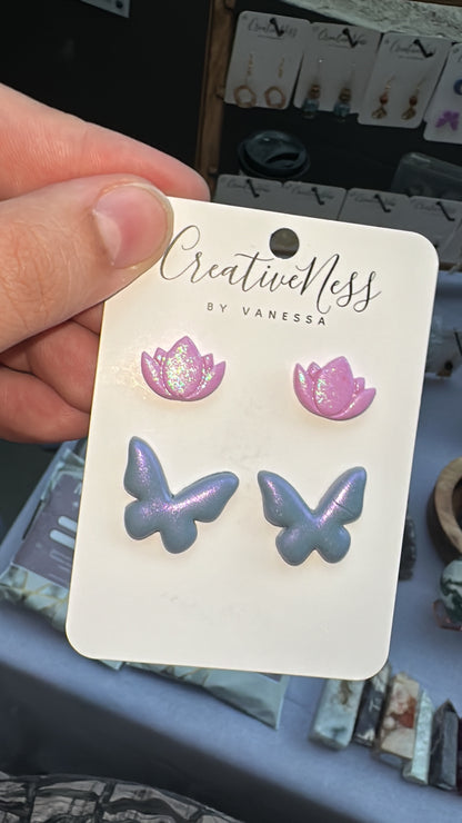 Purple and Pink Lotus, Moon, and Butterfly Stud Earrings