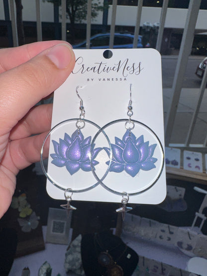 Purple Sparkly Lotus Flower and Star Charm Earrings