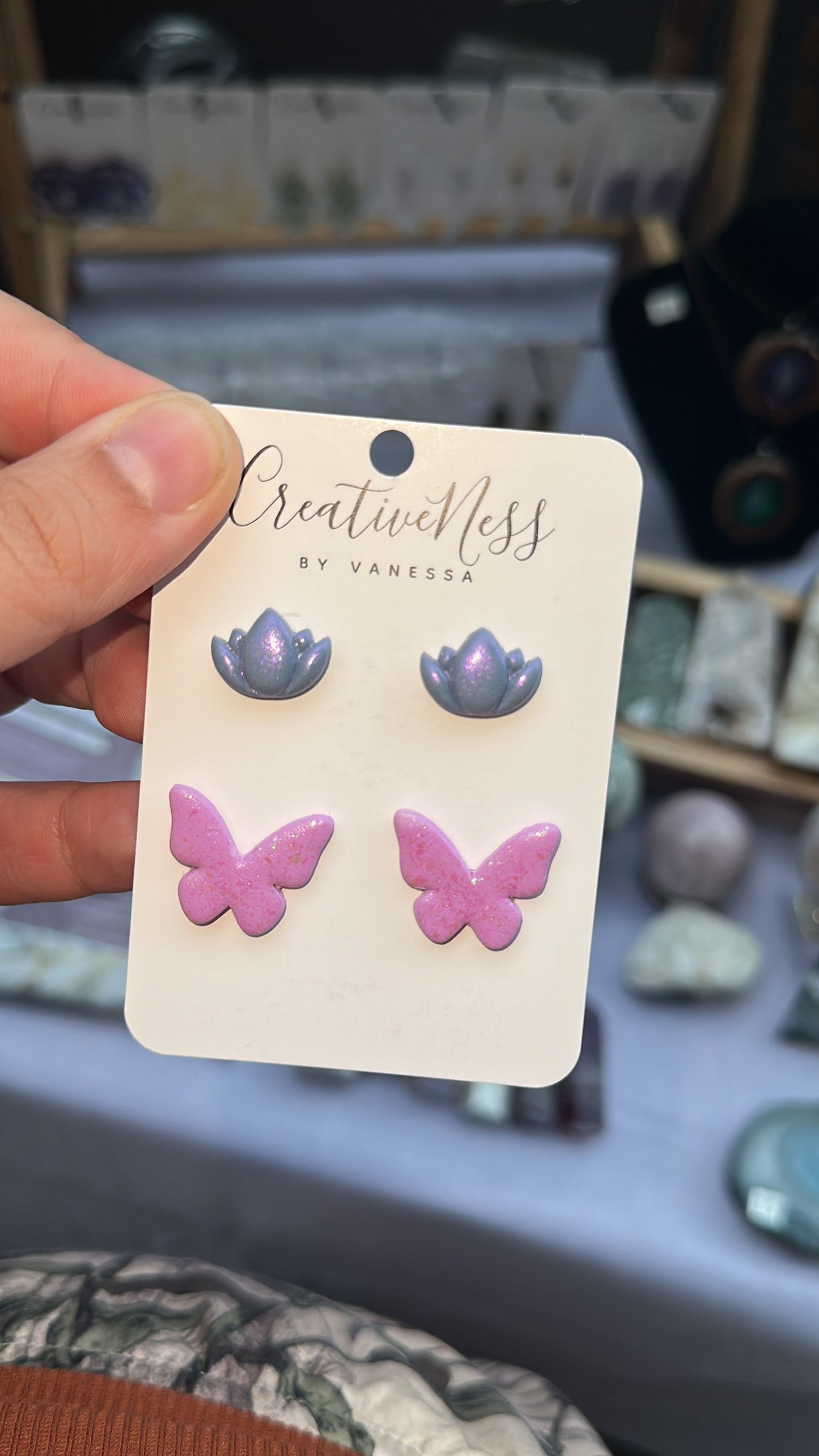 Purple and Pink Lotus, Moon, and Butterfly Stud Earrings