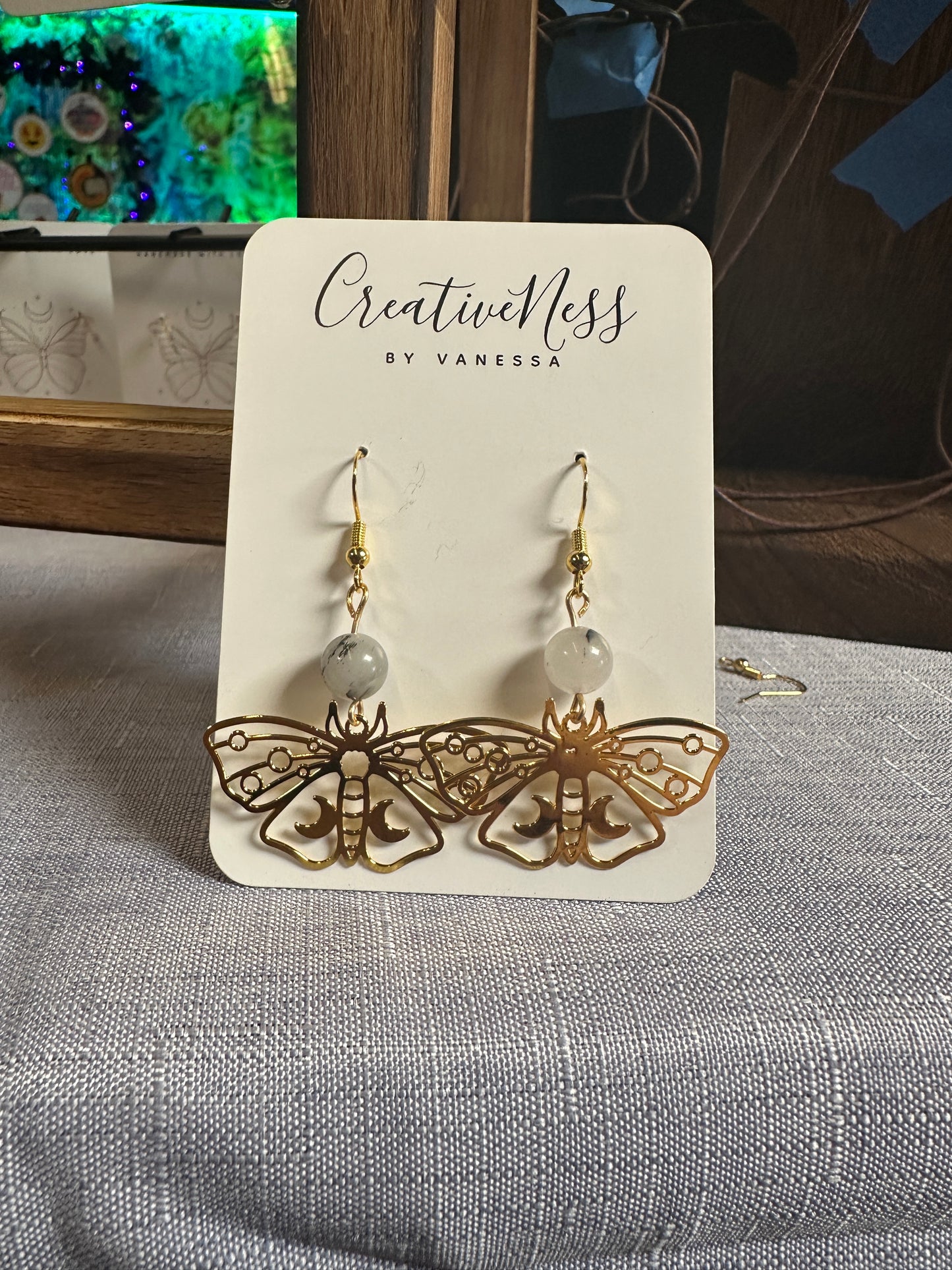 Gold Butterfly Earrings - Tourmalinated Quartz