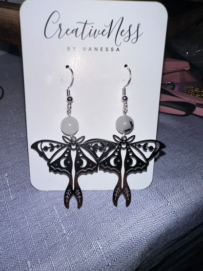 Silver Moth Earrings - Tourmalinated Quartz