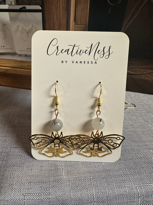 Gold Butterfly Earrings - Tourmalinated Quartz