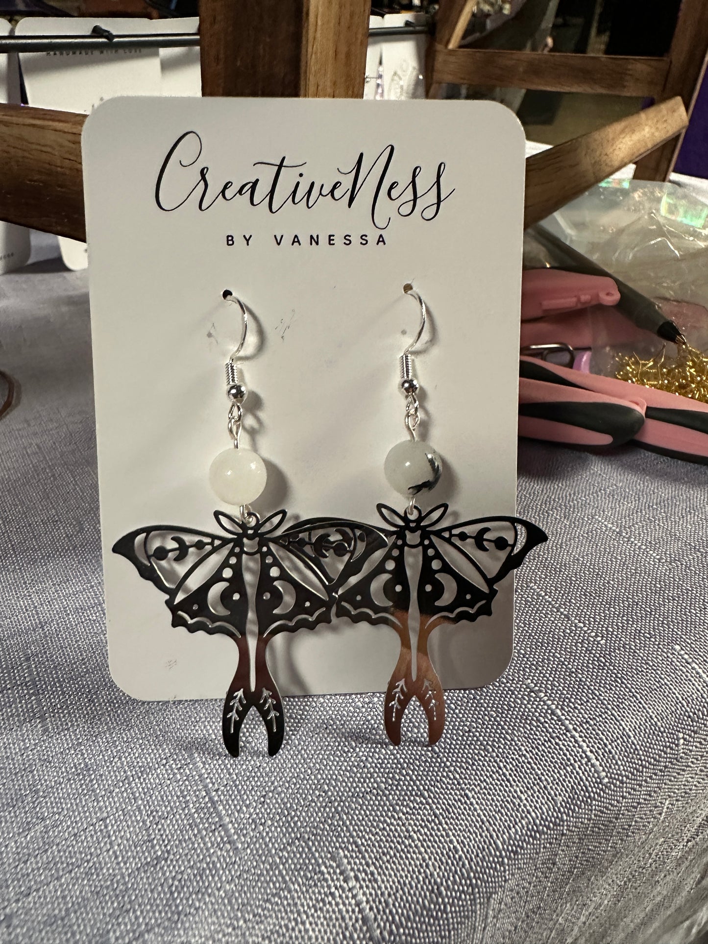 Silver Moth Earrings - Tourmalinated Quartz