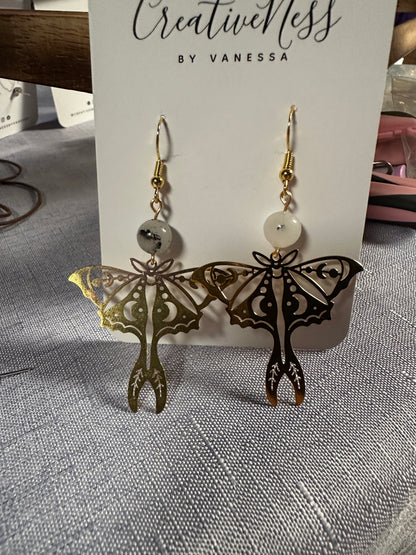 Gold Moth Earrings - Tourmalinated Quartz