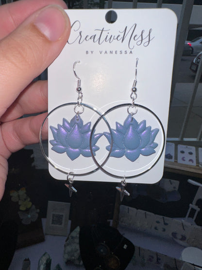 Purple Sparkly Lotus Flower and Star Charm Earrings