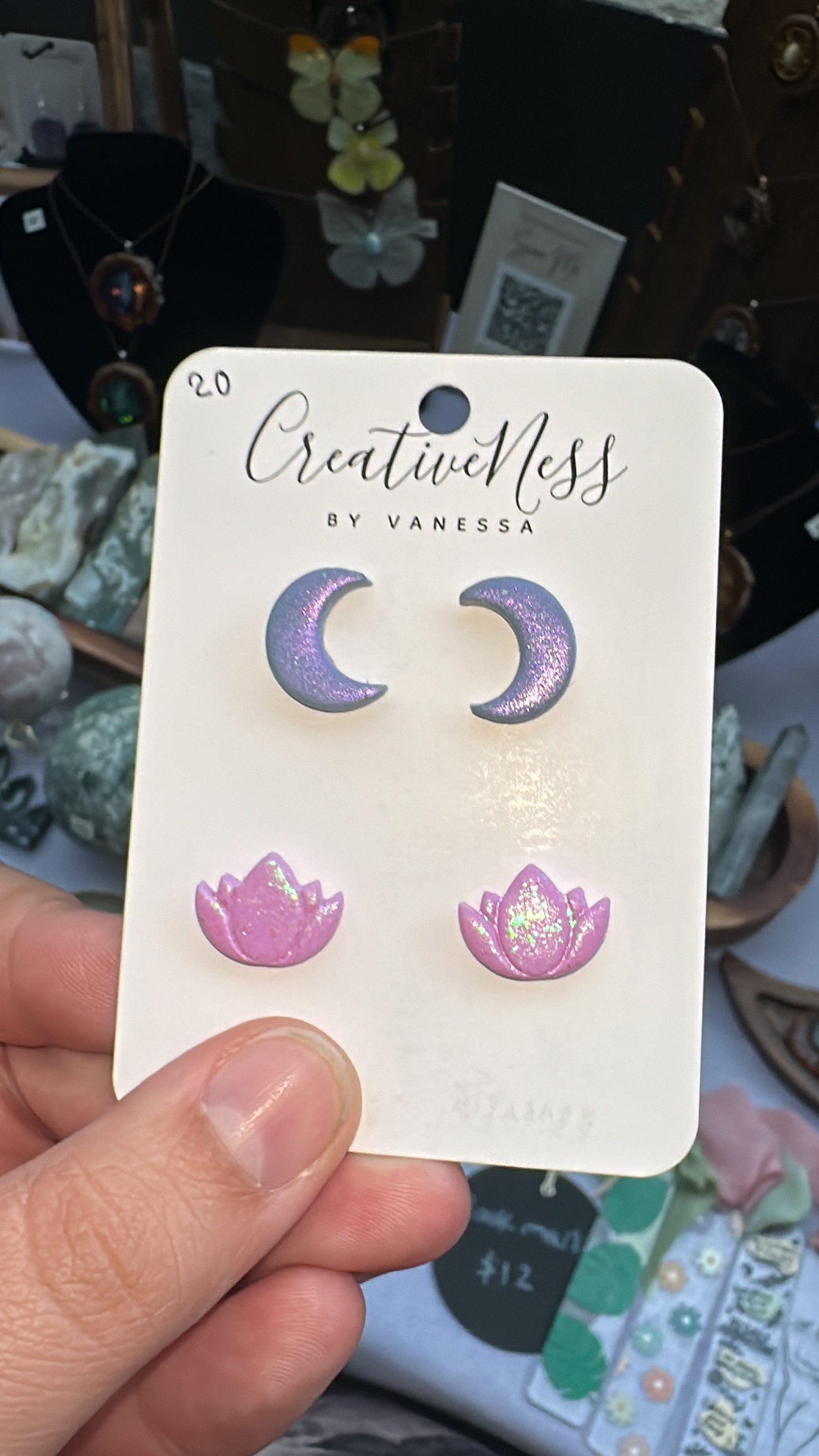 Purple and Pink Lotus, Moon, and Butterfly Stud Earrings