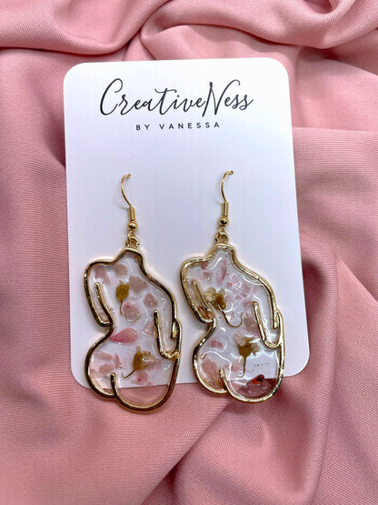 Floral Female Booty Silhouette Earrings - Gold - Rose Quartz