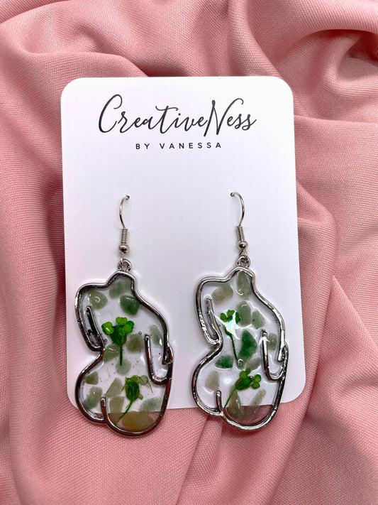 Floral Female Booty Silhouette Earrings - Silver - Green Peridot