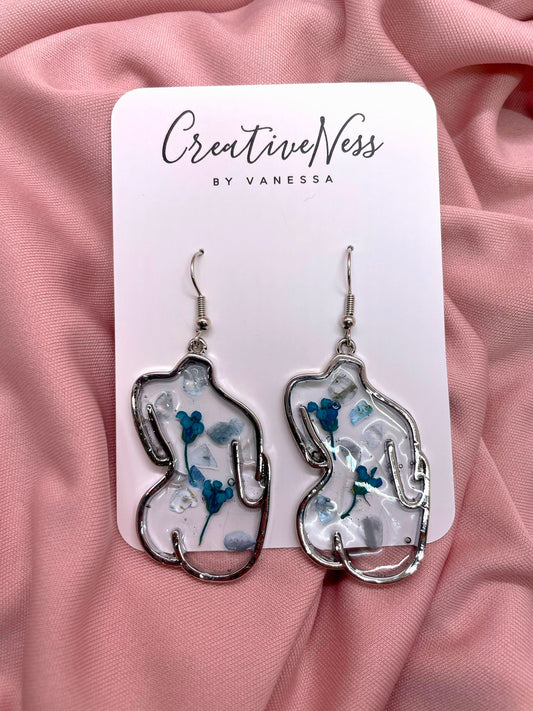 Floral Female Booty Silhouette Earrings - Silver - Blue Aquamarine