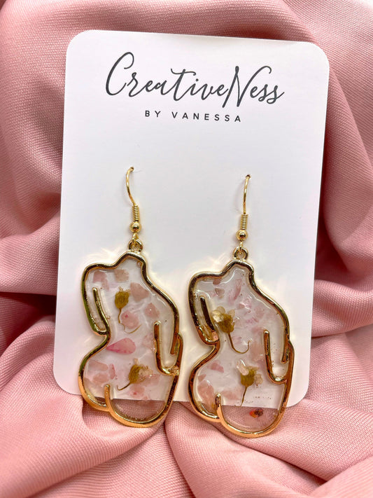 Floral Female Booty Silhouette Earrings - Gold - Rose Quartz