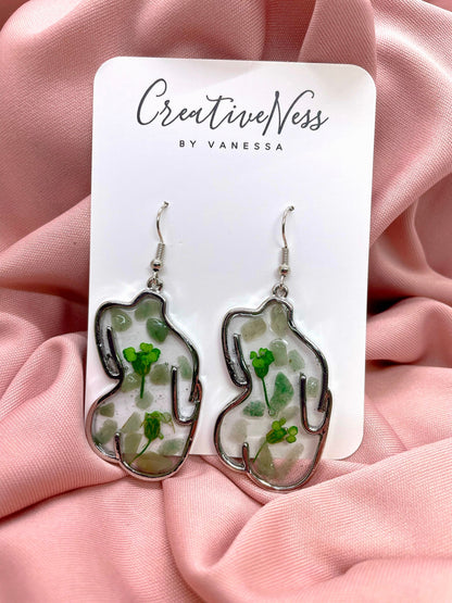 Floral Female Booty Silhouette Earrings - Silver - Green Peridot