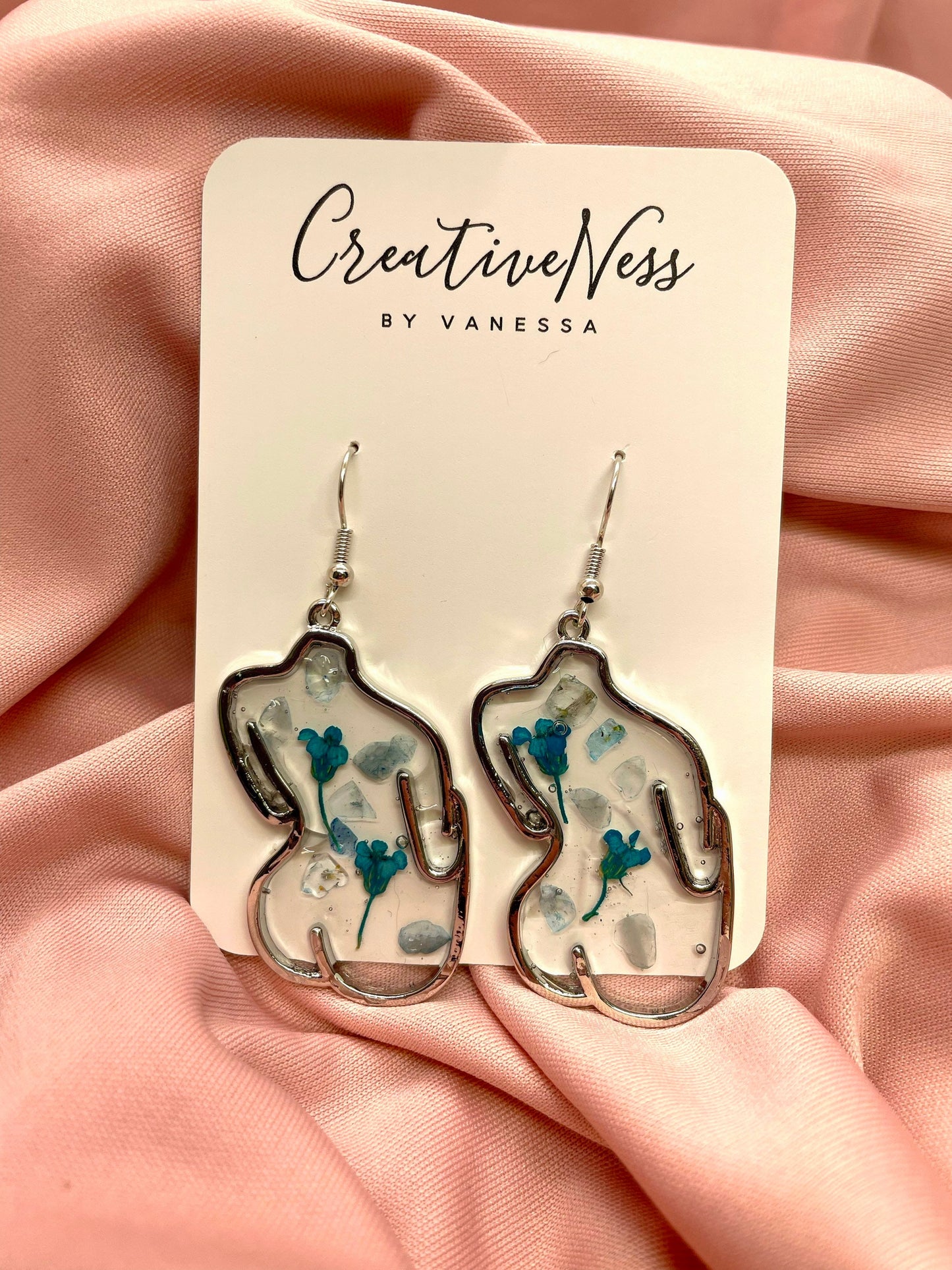 Floral Female Booty Silhouette Earrings - Silver - Blue Aquamarine