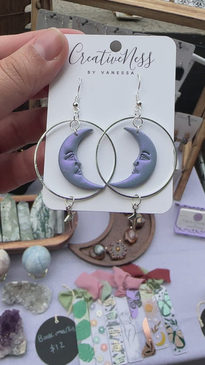 Purple Sparkly Lotus Crescent Moon and Star Charm Earrings