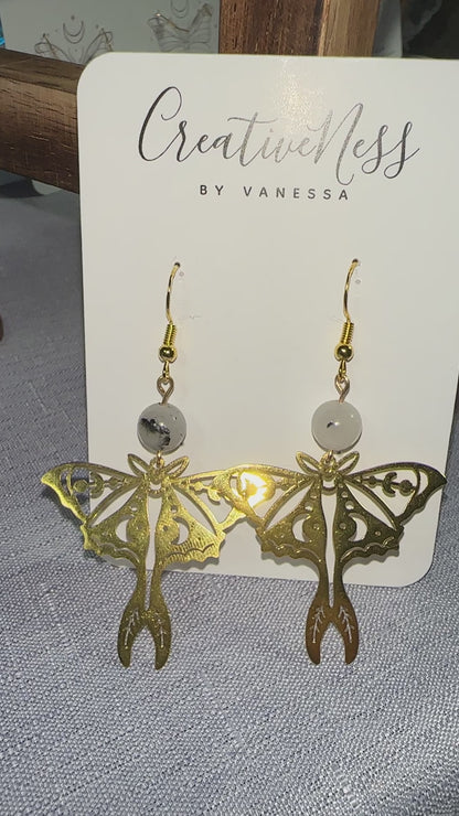 Gold Moth Earrings - Tourmalinated Quartz