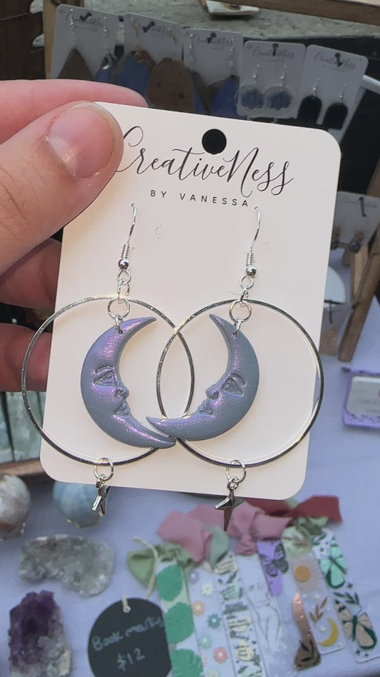 Purple Sparkly Lotus Crescent Moon and Star Charm Earrings